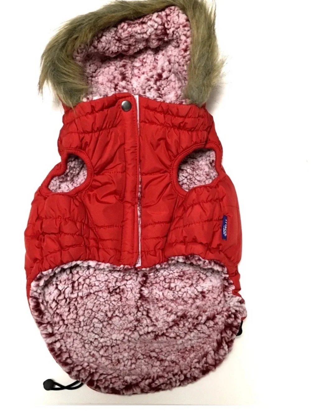 Frisco L Dog Winter Coat Red Parka Faux Fur Trim Hood Faux Sherpa Lined Jacket